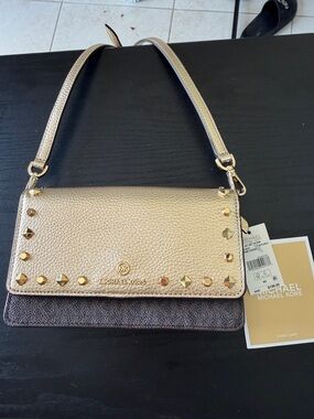 Michael Kors Gold Leather Studded Crossbody iPhone wallet ID credit cards
